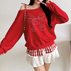 Weihnachtsschleife Strass kariertes Sweatshirt mit Bindeband