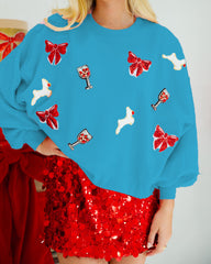 Weihnachtsschleife Weinglas Pailletten Lockeres Langarm Sweatshirt