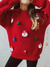 Übergroßer, langärmliger Rippstrickpullover mit Weihnachtsmannmütze-Applikation