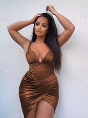 Deep V-Neck Open Back Pleated Dress