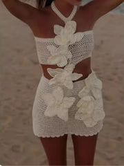 White handmade knitted dress with flowers