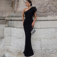 One Shoulder Feather Long Dress Backless Prom Dresses
