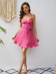 Fuchsia A-linje Spaghetti Stropper Blomst Kort Festkjole