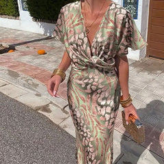 Bodycon Printed Twist-knot V-neck Dress