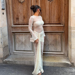 Lace Panel Sheer Long Sleeve Jumpsuit