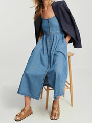 Rückenfreies Denim-Maxikleid mit Spaghettiträgern