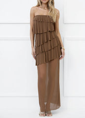 Strapless layered ruffled mesh irregular dress