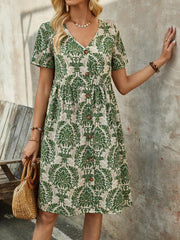 Printed V-neck Short-Sleeved Loose Midi Dress