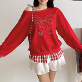 Weihnachtsschleife Strass kariertes Sweatshirt mit Bindeband