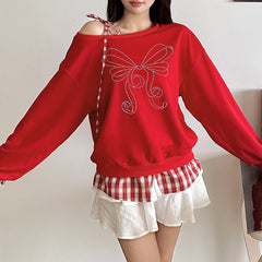 Weihnachtsschleife Strass kariertes Sweatshirt mit Bindeband