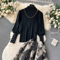 Damen-Rollkragenpullover mit halbem Rollkragen, Strickmode, zweiteiliges Set, Kleid mit hoher Taille