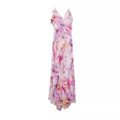 Vestido con estampado floral, volantes y tirantes sin espalda