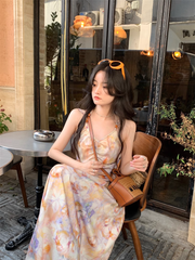 Oil painting floral floral halter neck suspender dress summer