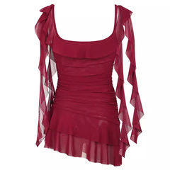 Red ribbon ruffle pleated suspender skirt square neck dress