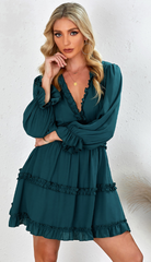 Black/Sky Blue/Blue/Green/Beige V Neck Ruffle Detailing Open Back Dress