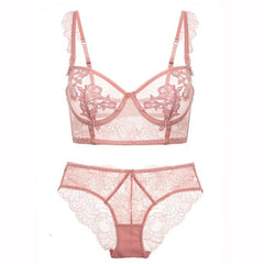 Ultradünnes transparentes Dessous-Set mit Blumenstickerei