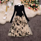 Gespleißter Midirock aus Netzstoff, V-Ausschnitt, langärmliges Puffkleid mit Schmetterlingsstickerei