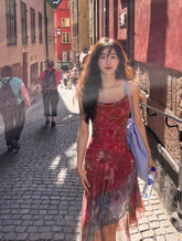 Rot floral unregelmäßige mesh slip kleid weibliche sommer