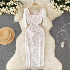 Vestido retro elegante de encaje con escote cuadrado y mangas cinco cuartos