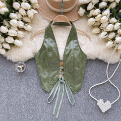 Camisola de verano con cuello halter y diseño de cordones de PU para mujer