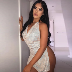 Neues Paillettenkleid mit hängendem Hals und Schlitz für Damen