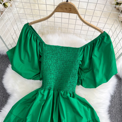 Bubble Kurzarm A-Linien-Kleid mit quadratischem Ausschnitt, langes Swing-Kleid für den Urlaub am Meer