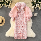 schulterfreies, trägerloses, schmales, langes Kleid mit Laternenärmeln