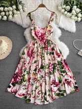 Ärmelloses, rückenfreies, bedrucktes A-Linien-Kleid im Retro-Sommerstil