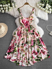 Ärmelloses, rückenfreies, bedrucktes A-Linien-Kleid im Retro-Sommerstil