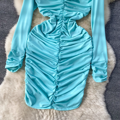 Hochwertiges dreidimensionales langärmliges Kleid mit Blumenmuster und plissiertem engen Rock