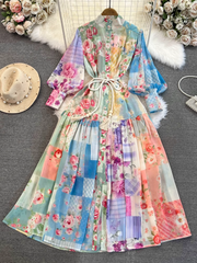 Vestido con estampado en forma de A, cuello alto, manga larga y farol estilo retro