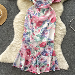 Damen Meerjungfrauenkleid mit eckigem Ausschnitt, Puffärmeln und Blumenmuster aus Chiffon