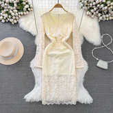 Langärmliges, mittellanges Spitzenkleid für Damen mit V-Ausschnitt