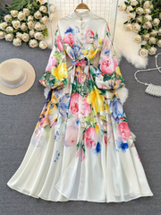 Langärmliges Kleid mit Stehkragen und A-Linien-Print im Retro-Palaststil im Laternenstil