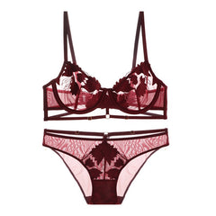 Floral Embroidery Hollow Out Bra And Panty Set