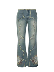 Pantalones de pierna recta viejos con bordado con flecos retro adelgazantes únicos y sexys para niñas de 2024