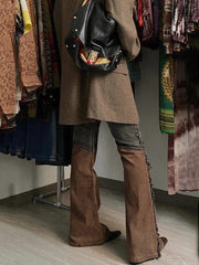Vintage Country Chic Hipster Flared Jeans Patchwork Wide Pants with Side Tassels High Rise