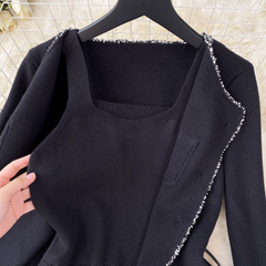 Gestrickte Strickjacke, vielseitiges Hosenträgerkleid, zweiteiliger Anzug