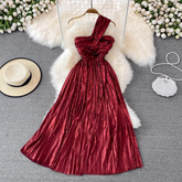 Metallic Neckholder Bandeau Off-Shoulder Plissee Kleid