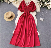 Pure color Puff Sleeves Maxi Dress
