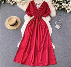 Pure color Puff Sleeves Maxi Dress