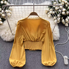 Lantern sleeve slim waist slimming long sleeves blouses