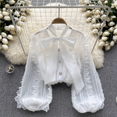 Women's autumn bow tie puff sleeve blouses