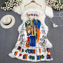 Ölgemälde Graffiti Druck Sommer hochwertige lose ärmellose A-Linie Kleid