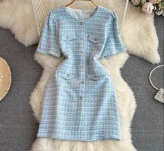 Schickes A-Linien-Kleid aus Tweed mit Rundhalsausschnitt, einreihiger Metallknopf-Taille, schlankmachender