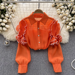 Women's summer three-dimensional flower long sleeve mesh blouses