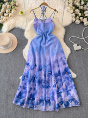 Vestido de vacaciones con estampado de pintura al óleo, abertura y patchwork con volantes