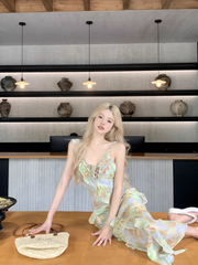 Damen Sommer Chiffon Riemchenkleid mit V-Ausschnitt und Strapsen