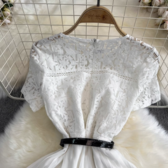 Kurzärmliges A-Linien-Plissee-Kleid mit Rundhalsausschnitt, Spitzennähten an der Taille