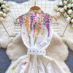 Bedrucktes Urlaubskleid mit süßem Schleifenkragen und ärmellosem Kleid